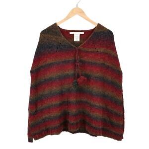 Max Studio Striped Alpaca Mohair Lagenlook Shawl Poncho Red Olive One Size